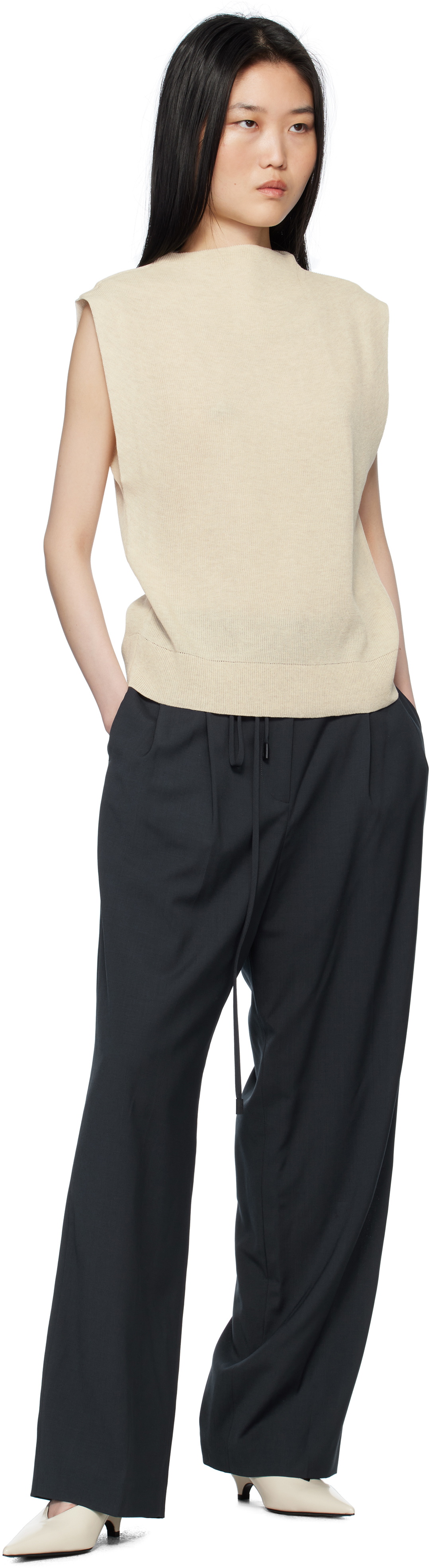 LE17SEPTEMBRE Beige Ribbed Mock Neck Knit Sweater