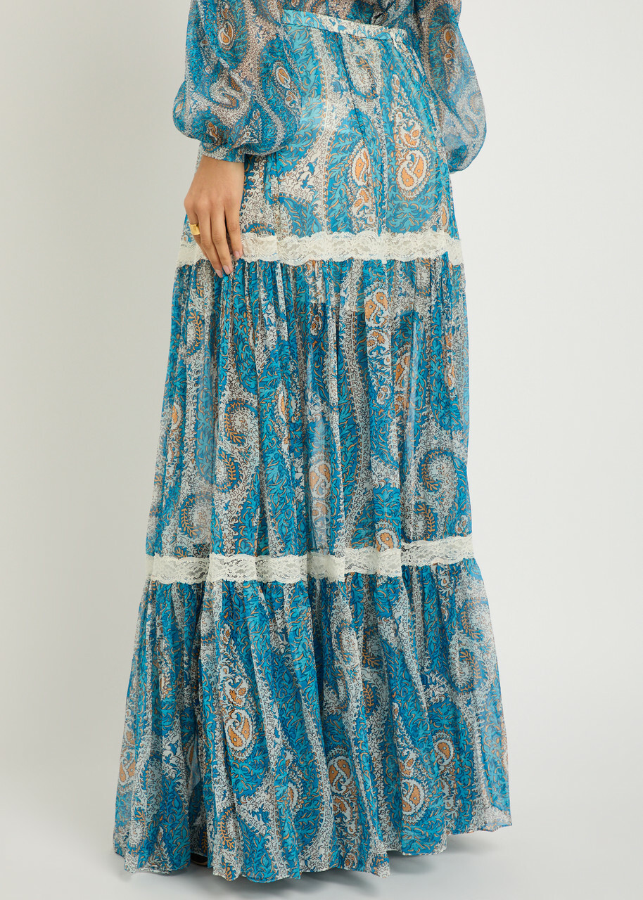 Etro Patterned Silk Maxi Skirt Blue