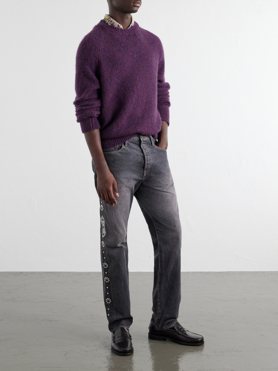 KAPITAL - Monkey Cisco Straight-Leg Leather-Trimmed Embellished Jeans - Black