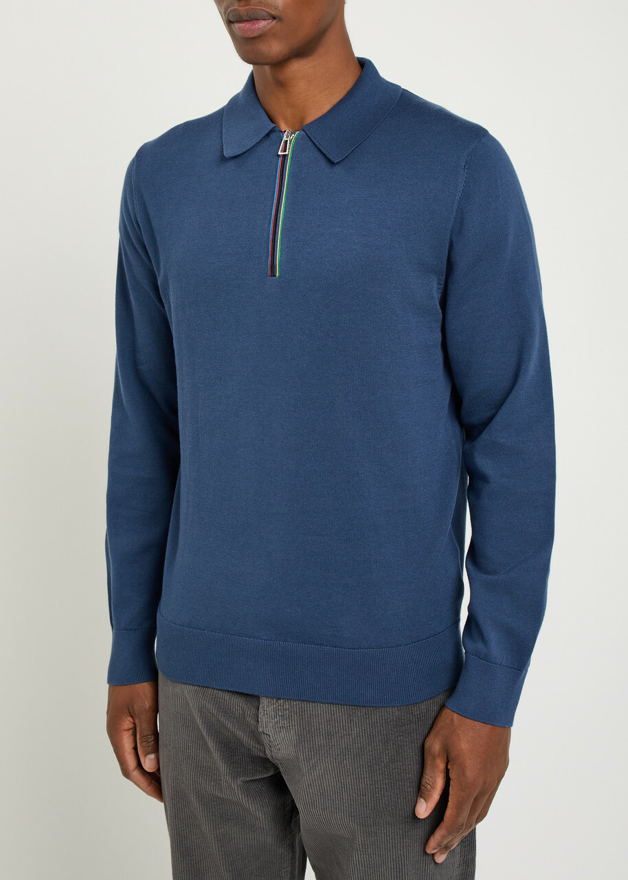 PS Paul Smith Stripe-trimmed Fine-knit Polo Jumper Blue