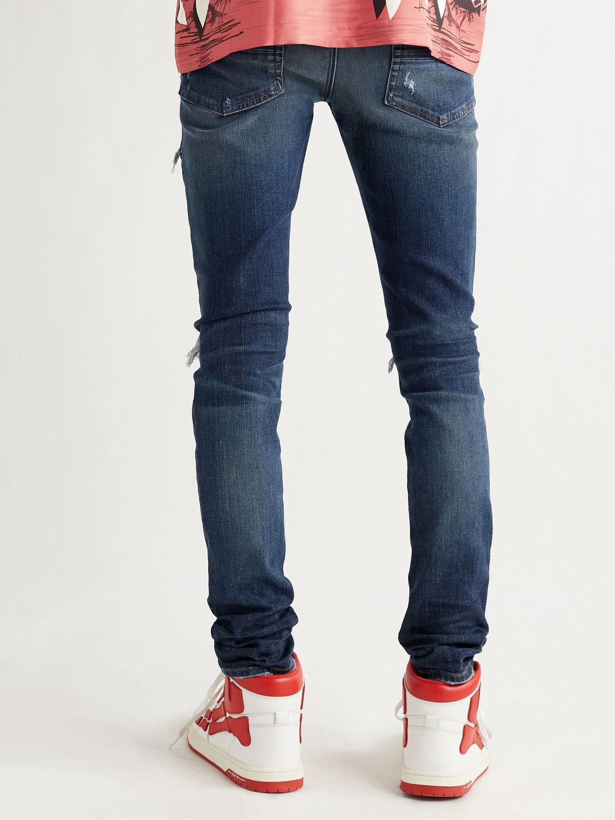 Skinny Fit Distressed Ribbed Leather Denim Jeans