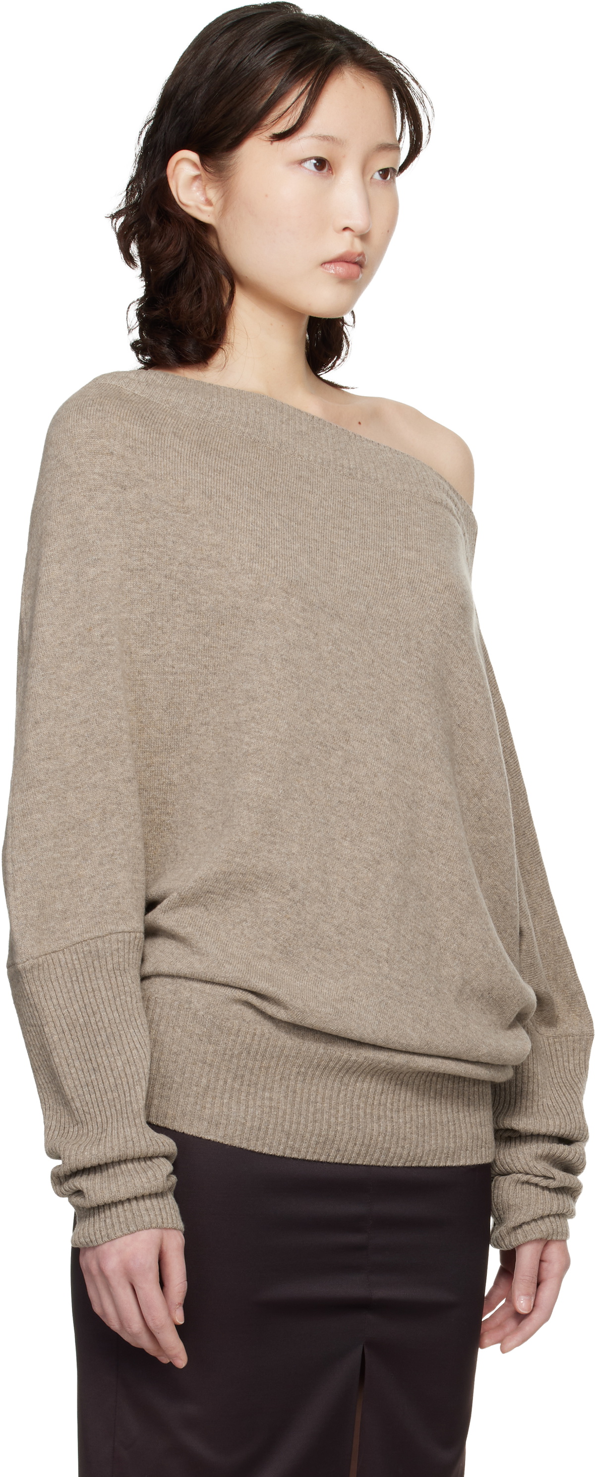 Cordera Taupe Merino Wool Off-Shoulder Sweater
