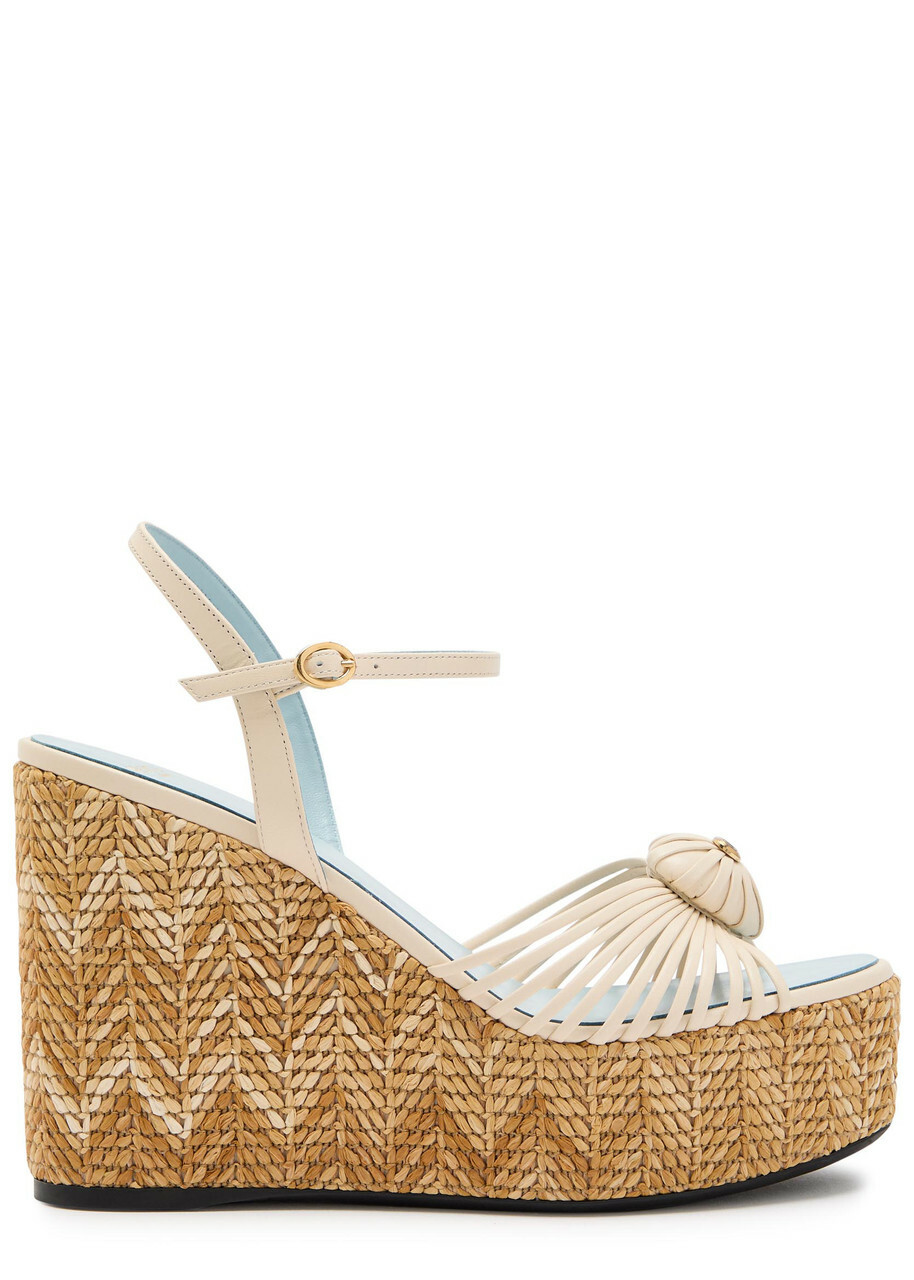 Valentino Garavani Coeur Royal 110 Leather Espadrille Wedge Sandals Cream