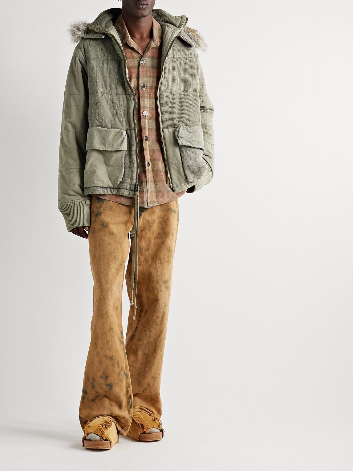 Greg Lauren - Faux Shearling-Trimmed Distressed Panelled Cotton Hooded  Jacket - Green Greg Lauren