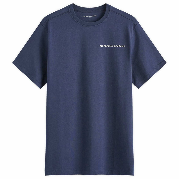 Photo: Pop Trading Company Men's Reni Back Logo T-Shirt in Navy/Glow In The Dark