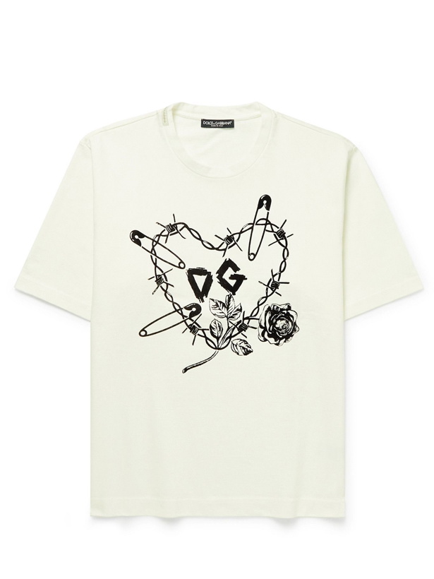 Photo: Dolce & Gabbana - Logo-Flocked Cotton-Jersey T-Shirt - White