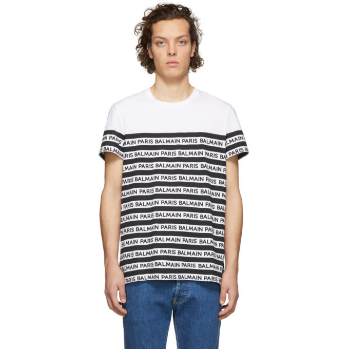 Photo: Balmain Black and White Striped Logo T-Shirt