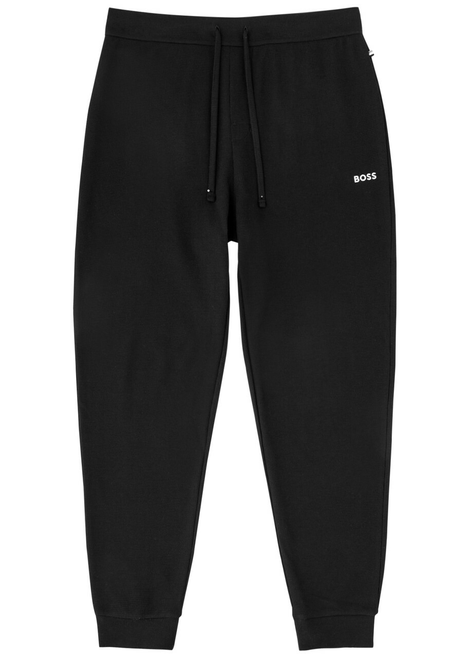 Boss Logo Waffle-knit Cotton-blend Pyjama Trousers Black