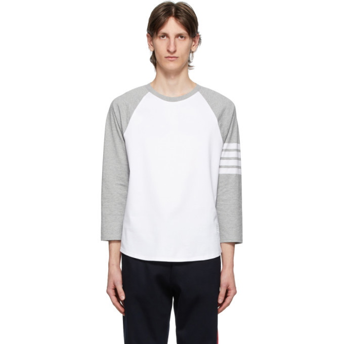 Photo: Thom Browne Grey and White 4-Bar Baseball T-Shirt