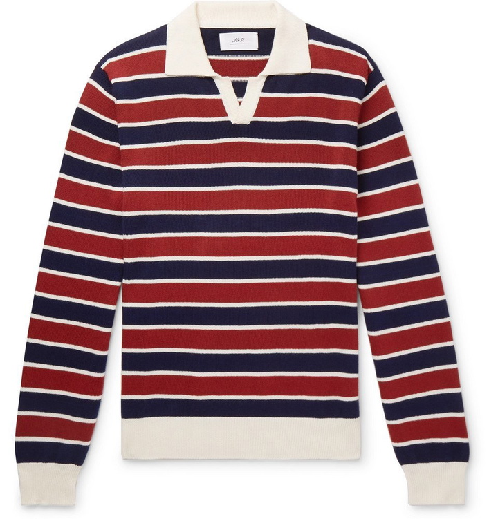 Photo: Mr P. - Striped Knitted Cotton Polo Shirt - Brick