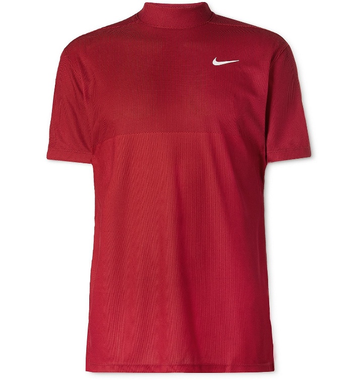 Photo: Nike Golf - Tiger Woods Dri-FIT Mesh Mock-Neck Golf T-Shirt - Red