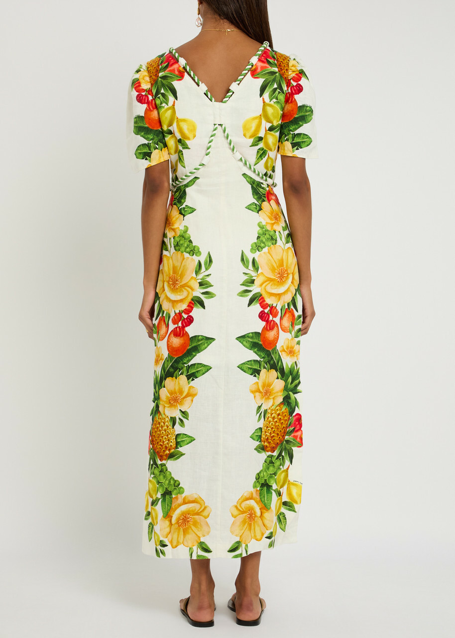 Farm Rio Picnic Flower Printed Linen Maxi Dress Yellow