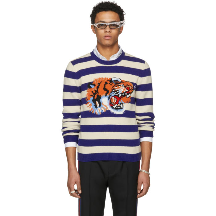 Photo: Gucci Blue and Beige Striped Loved Tiger Sweater