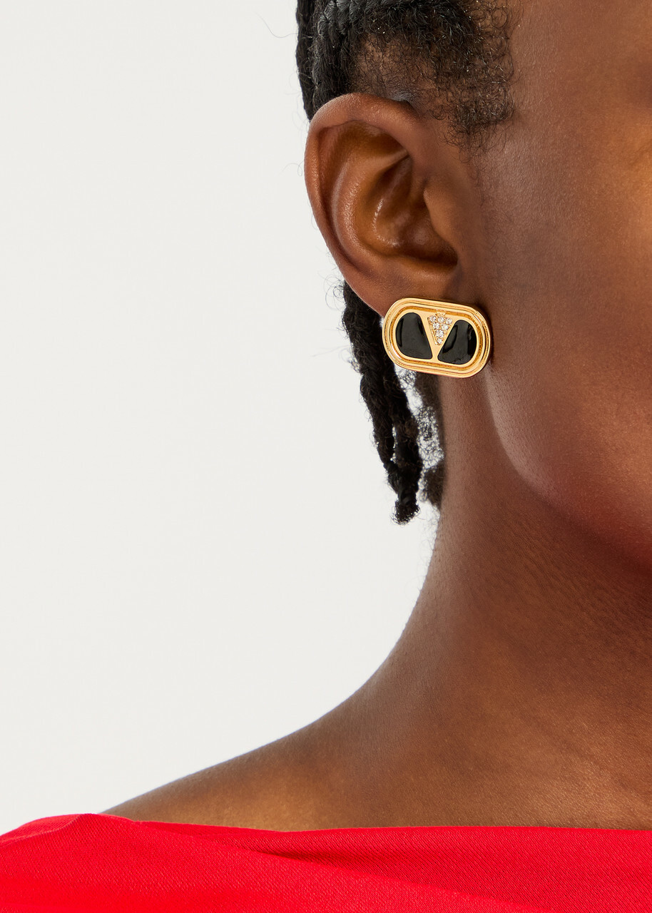 Valentino Ovalette Vlogo Enamelled Stud Earrings - Black - One Size