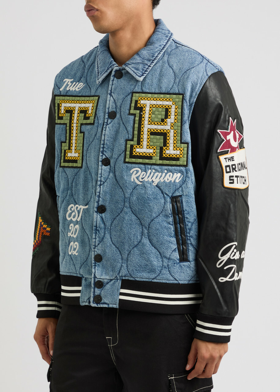 True Religion Logo-embroidered Quilted Denim Varsity Jacket