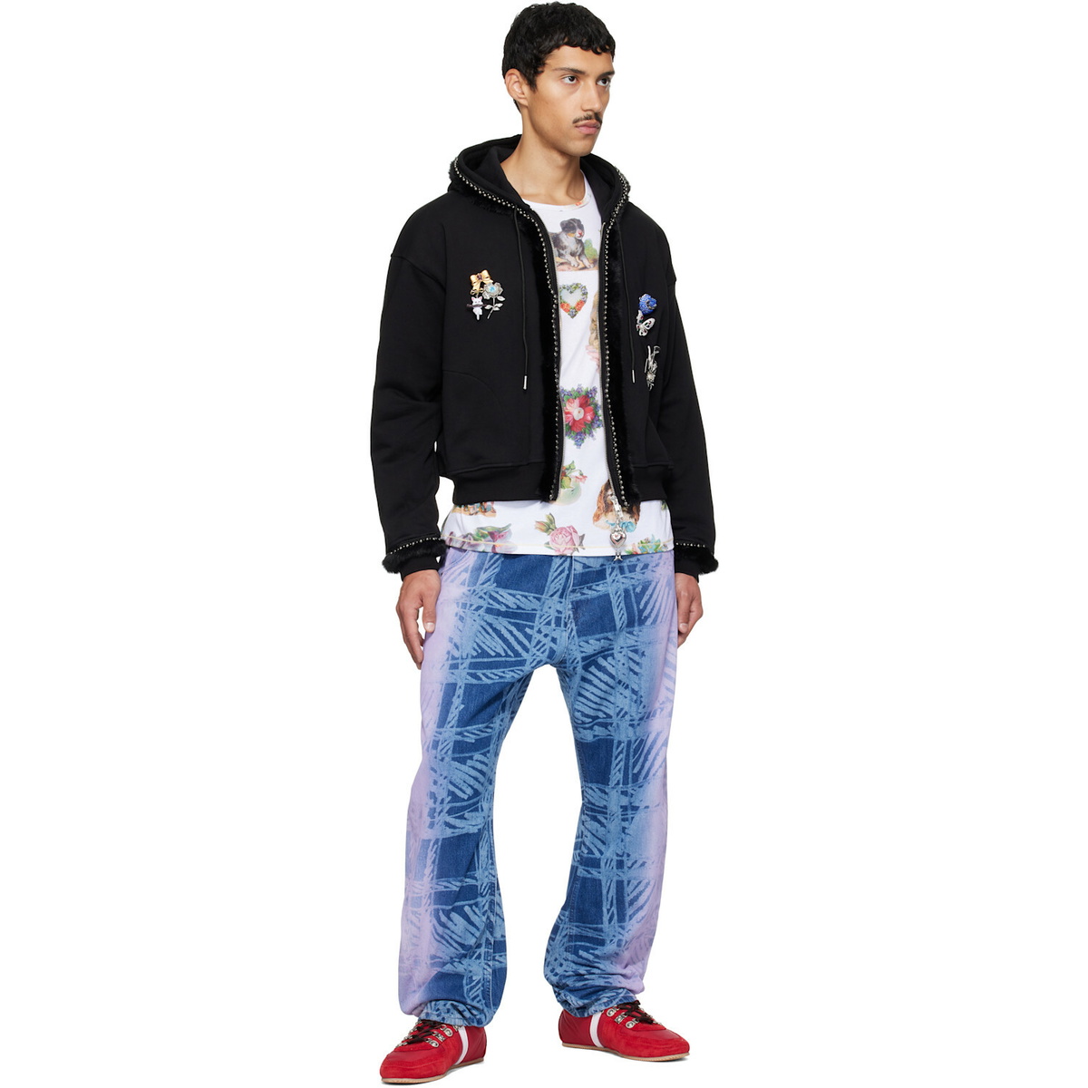 Chopova Lowena Black Fuzzy Pearl Zip Hoodie