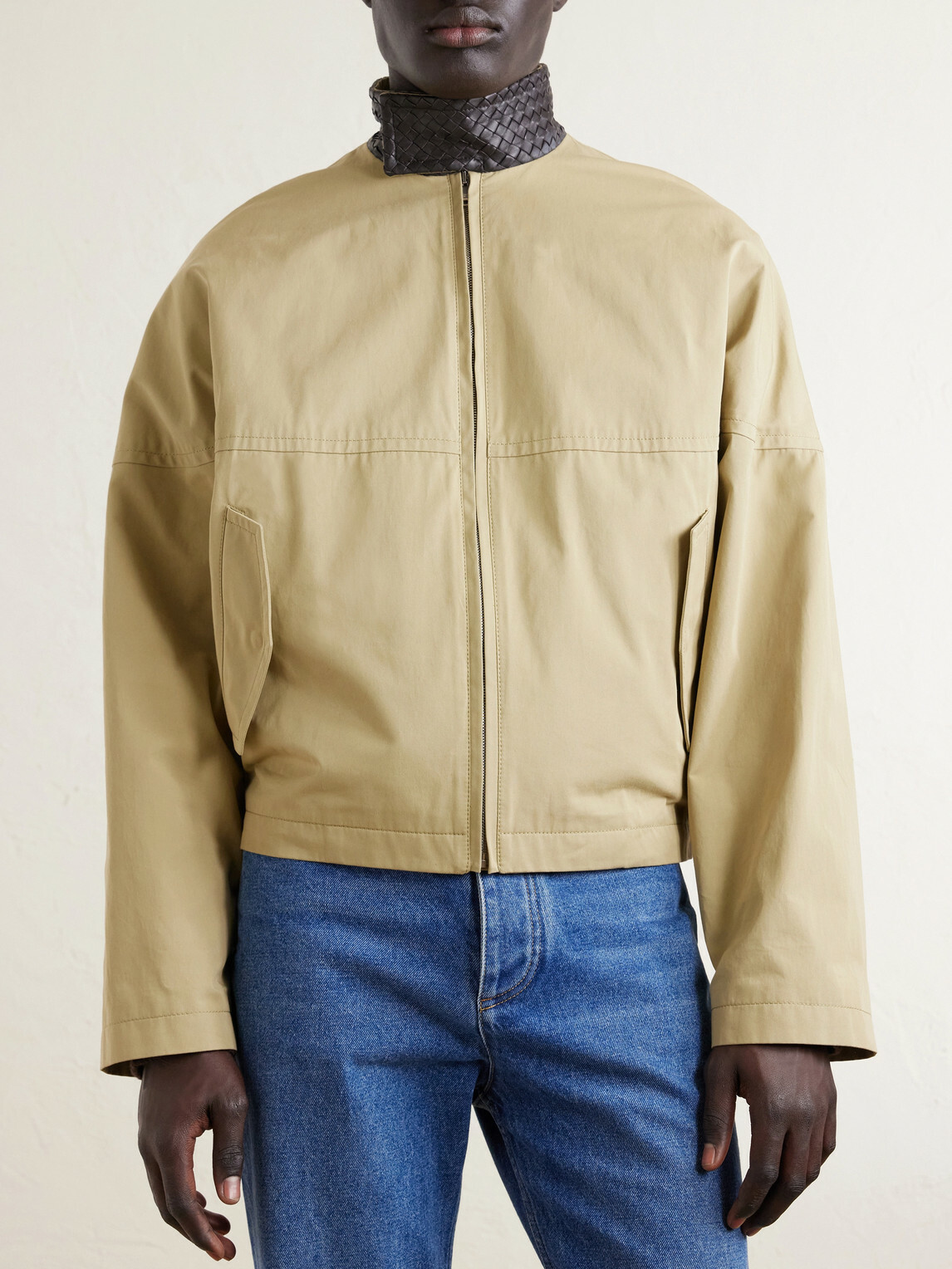 Bottega Veneta - Intrecciato Leather-Trimmed Cotton-Gabardine Jacket - Neutrals