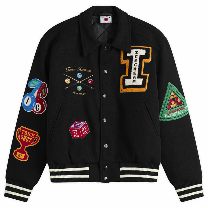 Photo: ICECREAM Men's Trick Shot Collared Varsity Jacket in Black