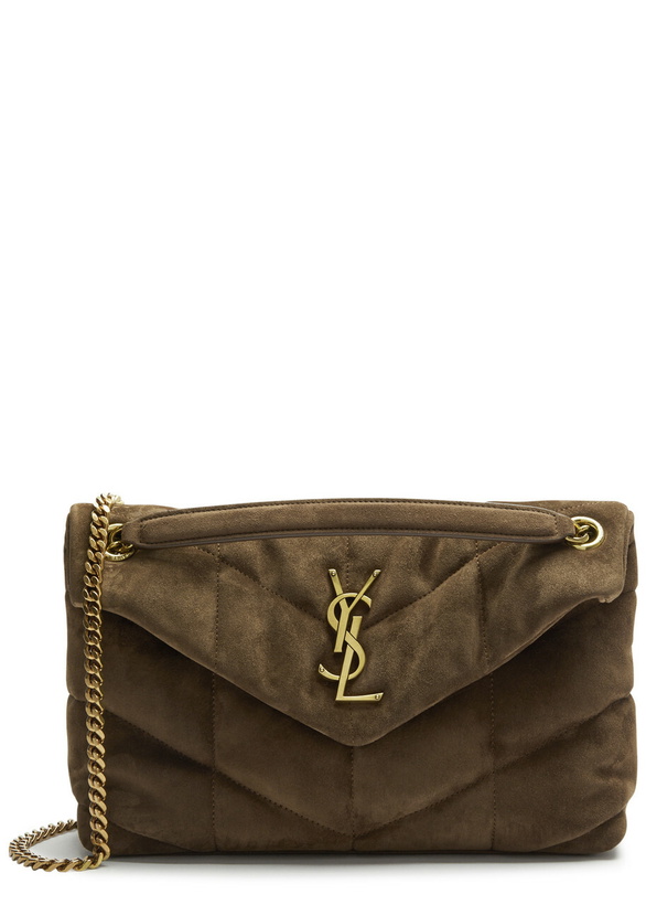 Photo: Saint Laurent - Women's Brown Quilted Lou Puffer Small Suede Shoulder bag - Adjustable Chain Strap - One Size