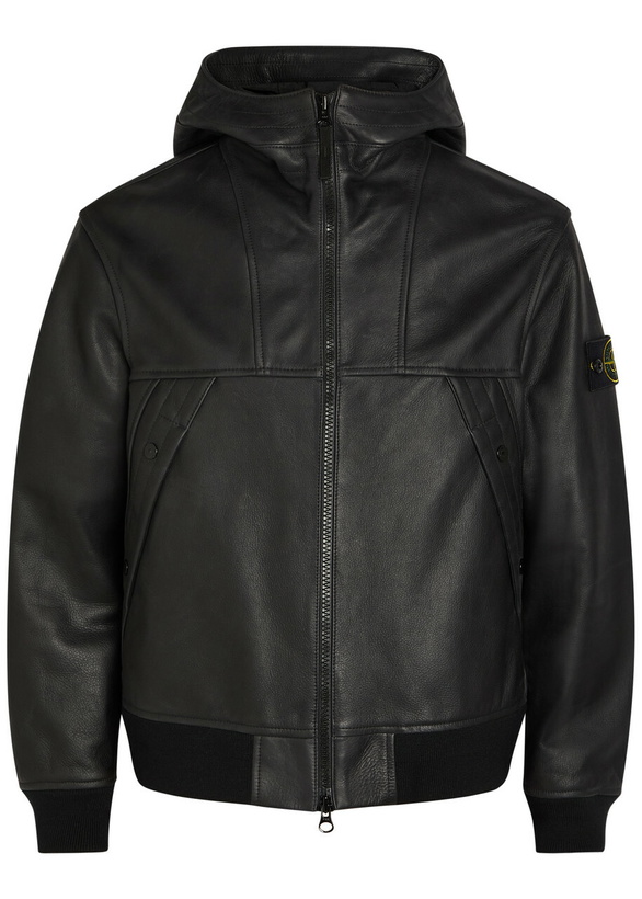Photo: Stone Island Hooded Padded Grained Leather Jacket Black