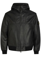 Stone Island Hooded Padded Grained Leather Jacket Black