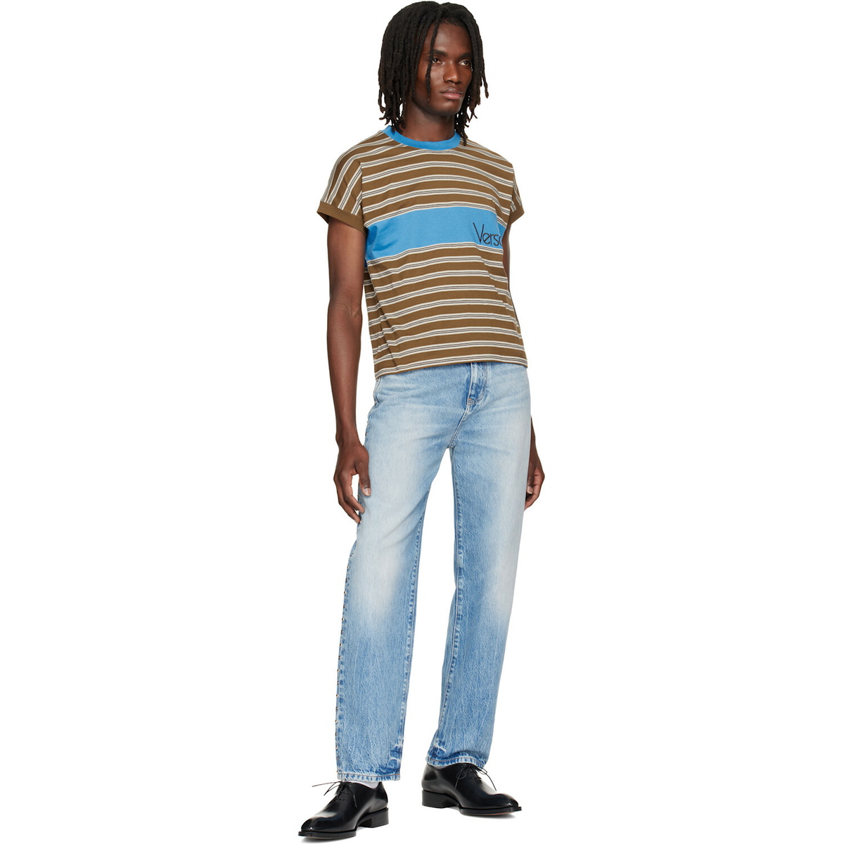 Versace Brown Embroidered-Logo Striped-Intarsia Cotton T-shirt