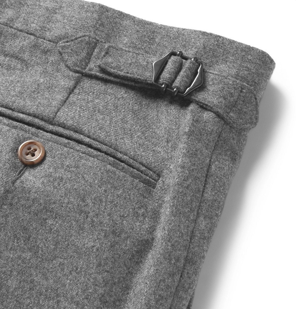 Dark Grey Single Pleat Flannel Trousers | New & Lingwood