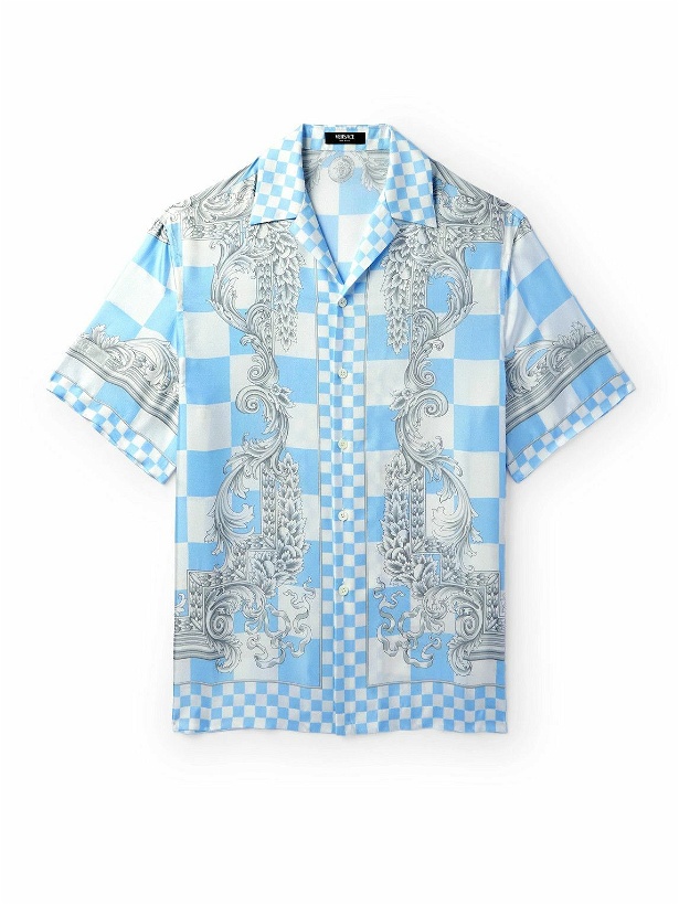 Photo: Versace - Camp-Collar Printed Checked Silk-Twill Shirt - Blue