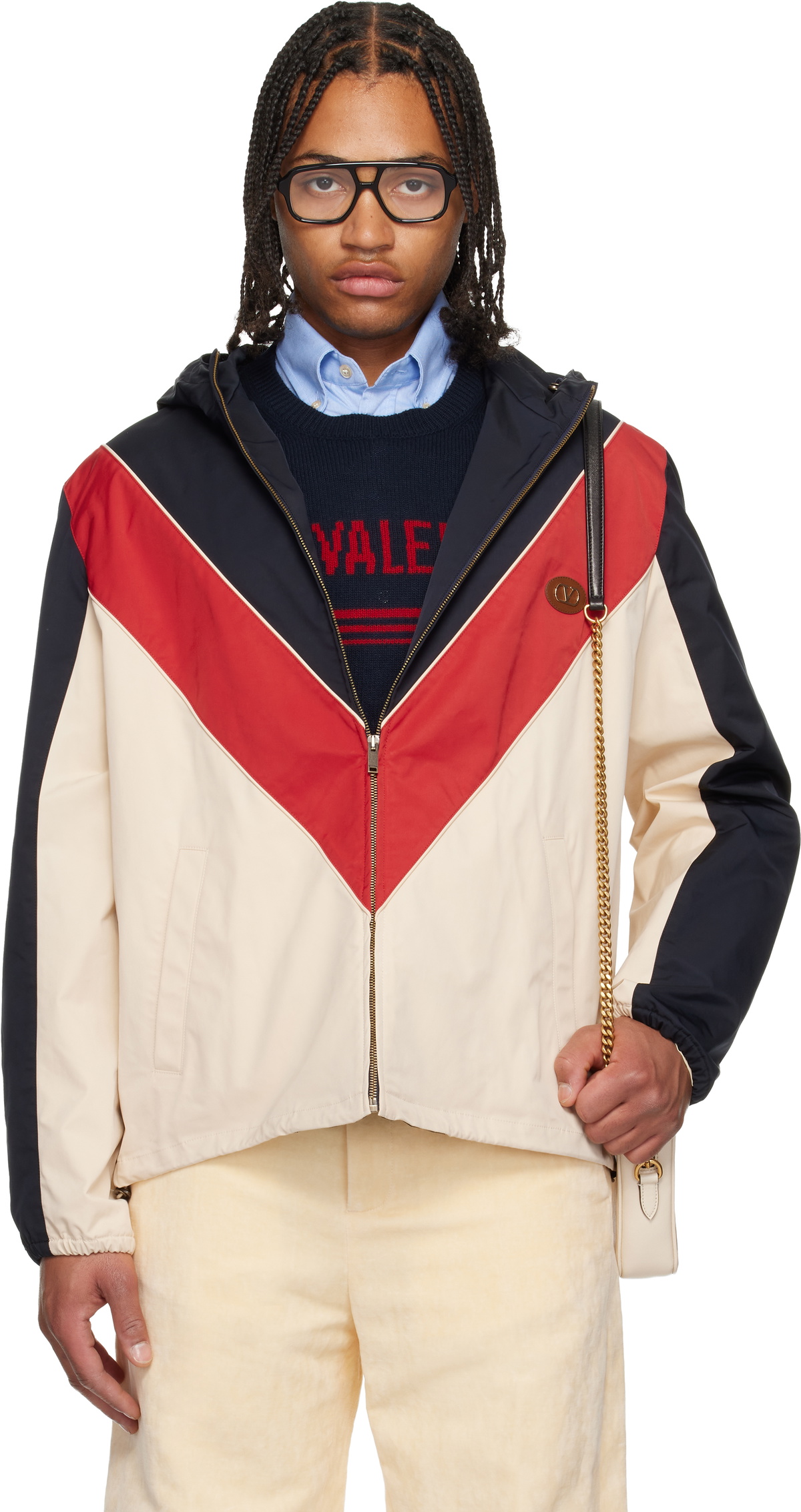 Valentino Navy & Beige VLogo Patch Hooded Windbreaker Jacket