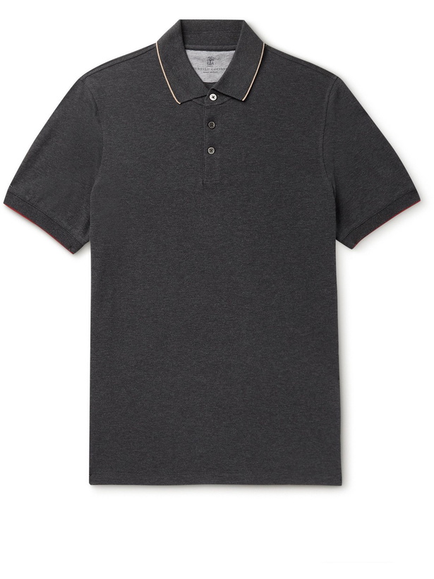 Photo: BRUNELLO CUCINELLI - Slim-Fit Contrast-Tipped Cotton-Piqué Polo Shirt - Gray