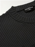 Balenciaga - Oversized Logo-Print Ribbed Cotton Sweater - Gray