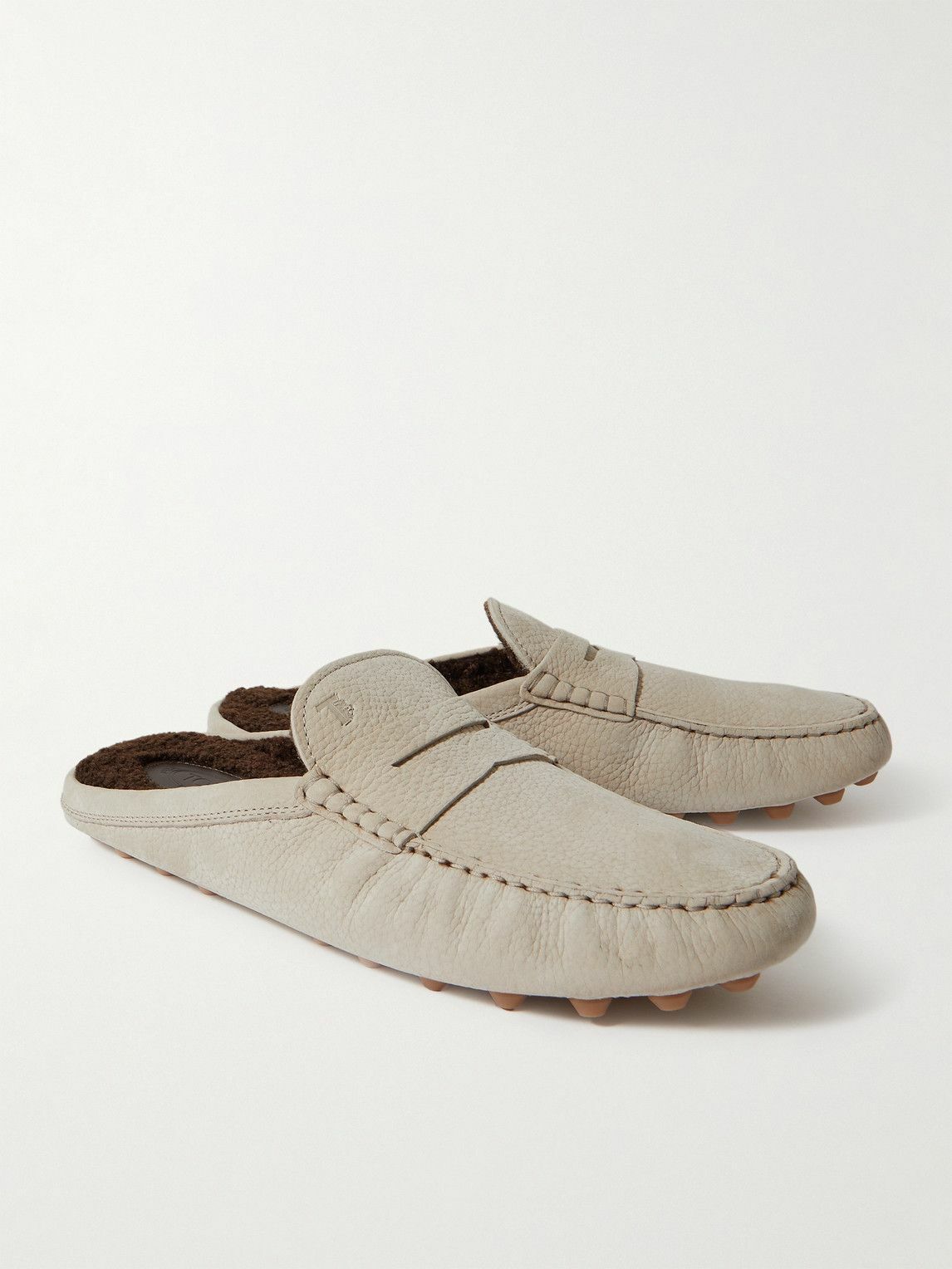 Tod's - Gommino Bubble Faux Shearling-Lined Full-Grain Nubuck Mules - Neutrals
