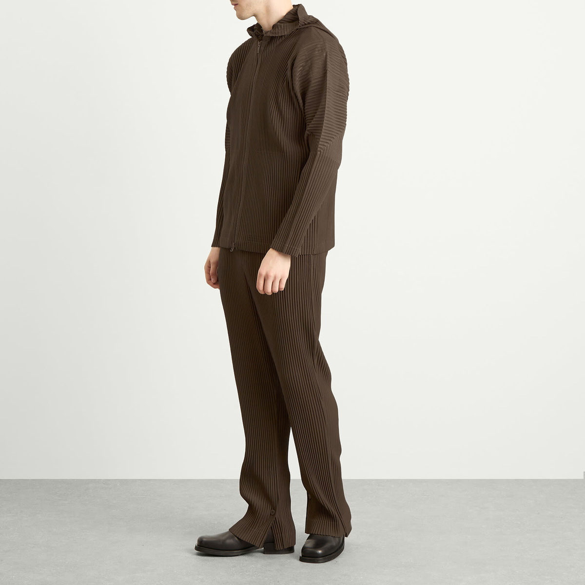 Homme Plissé Issey Miyake Men's Pleated Zip Jacket in Mud Brown