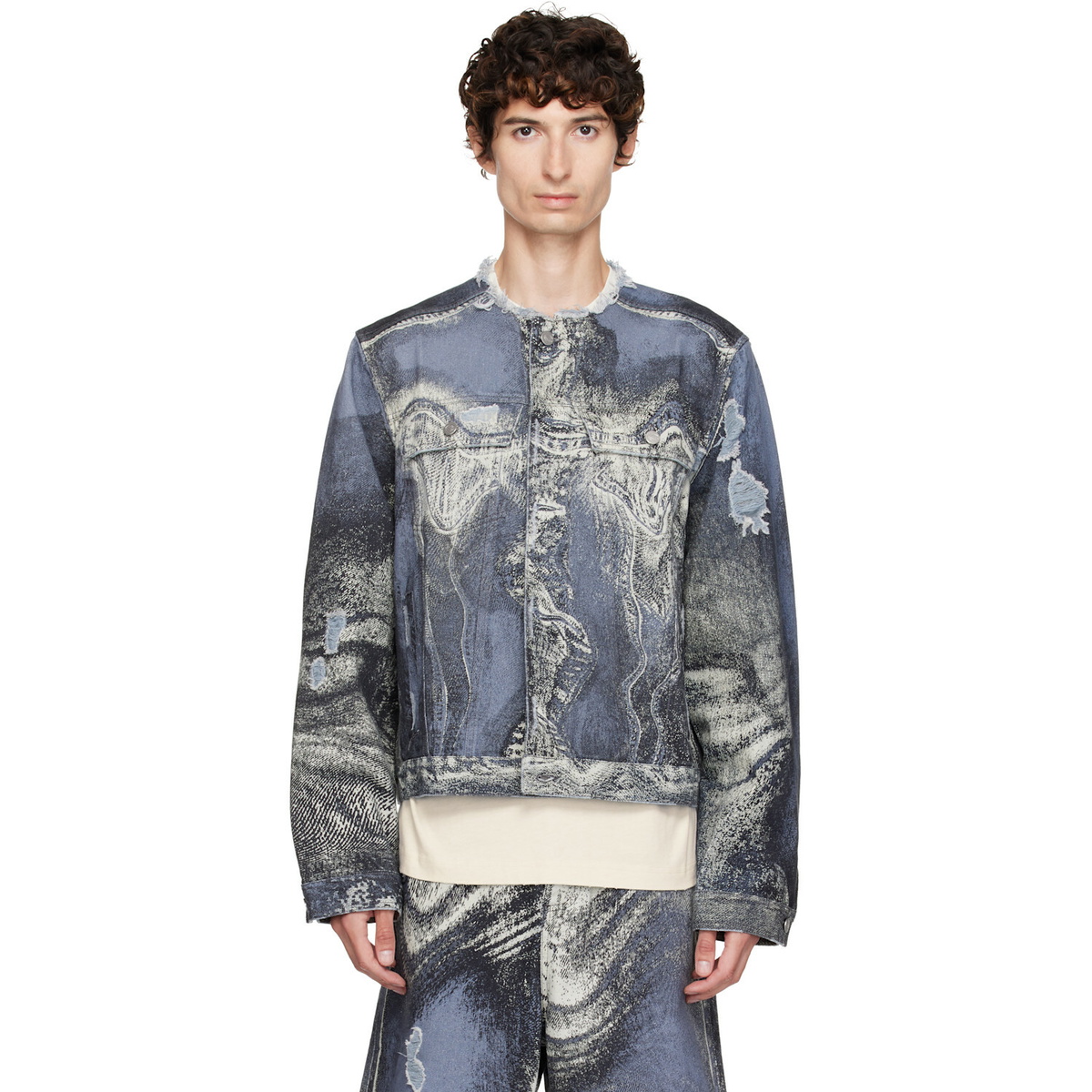 CAMPERLAB Blue Distorted Print Distressed Denim Jacket