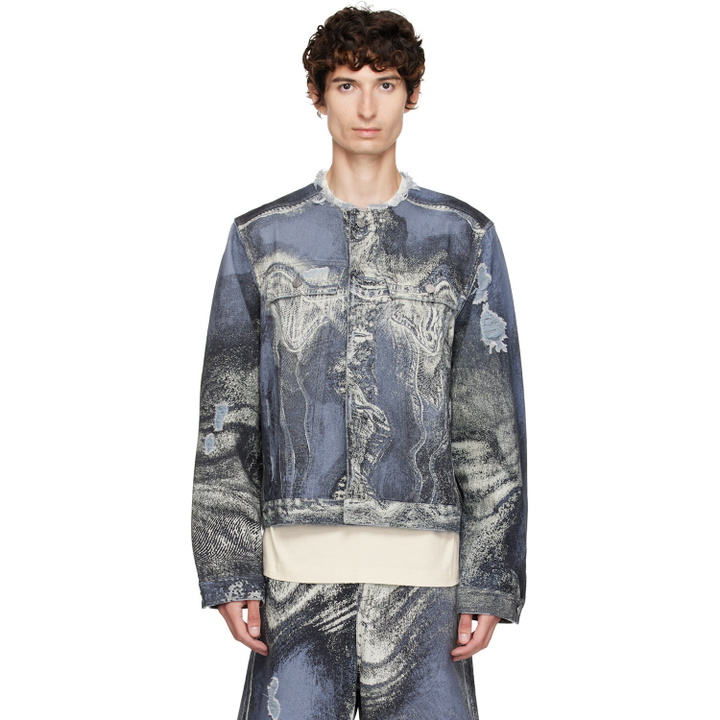 Photo: CAMPERLAB Blue Distorted Print Distressed Denim Jacket
