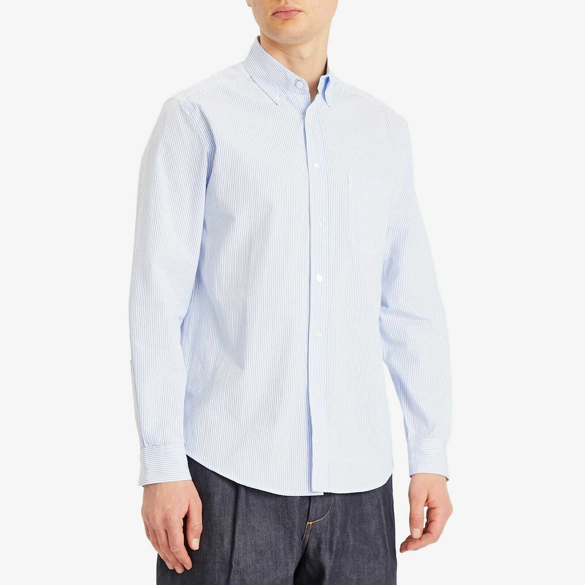 Portuguese Flannel Men's Atlantico Seersucker Stripe Shirt in Blue