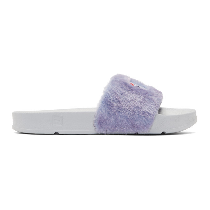 Photo: Baja East Purple and Grey Fila Edition Shearling Drifter Slides