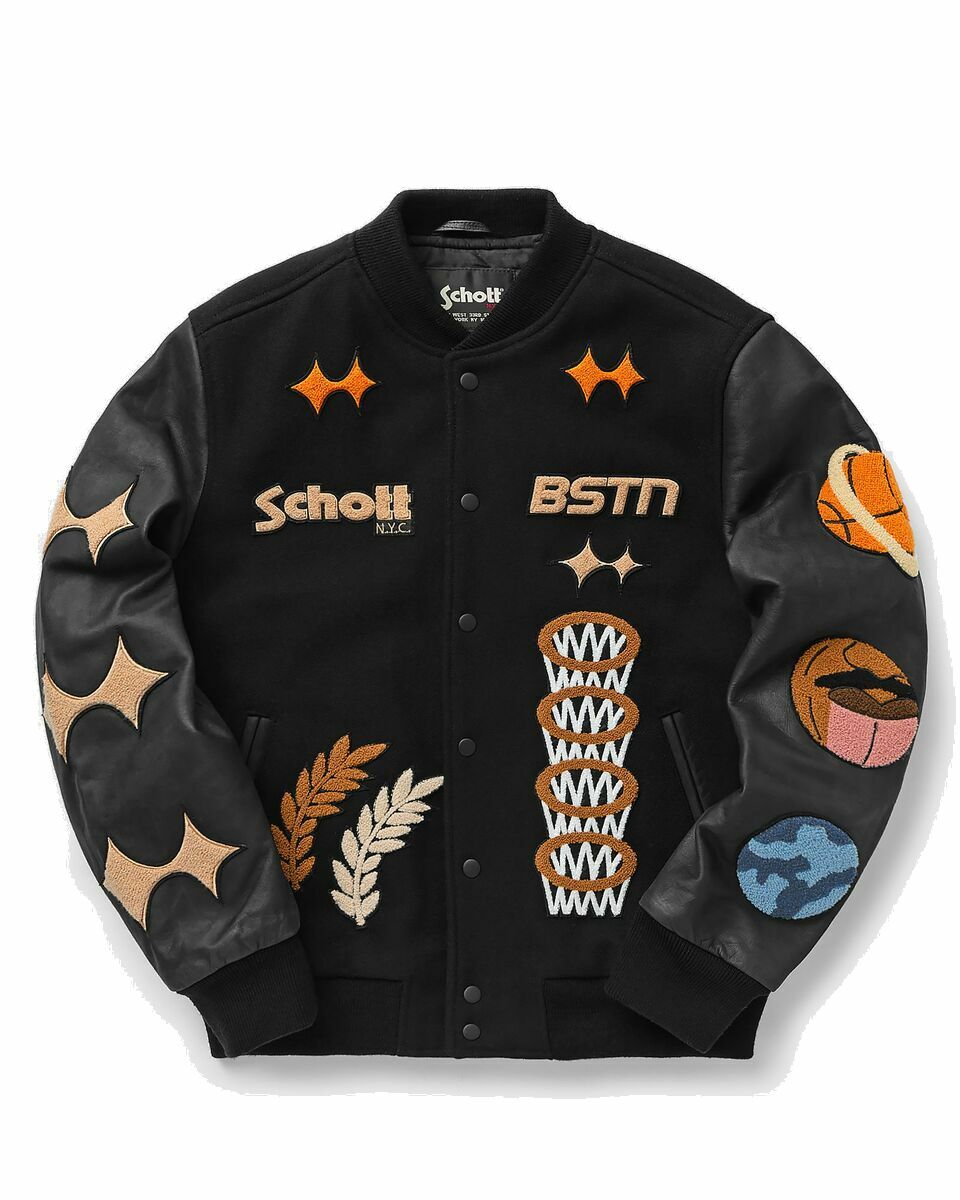 Photo: Bstn Brand Schott X Bstn Brand Thank You, Basketball Varsity Jacket Black/Multi - Mens - College Jackets