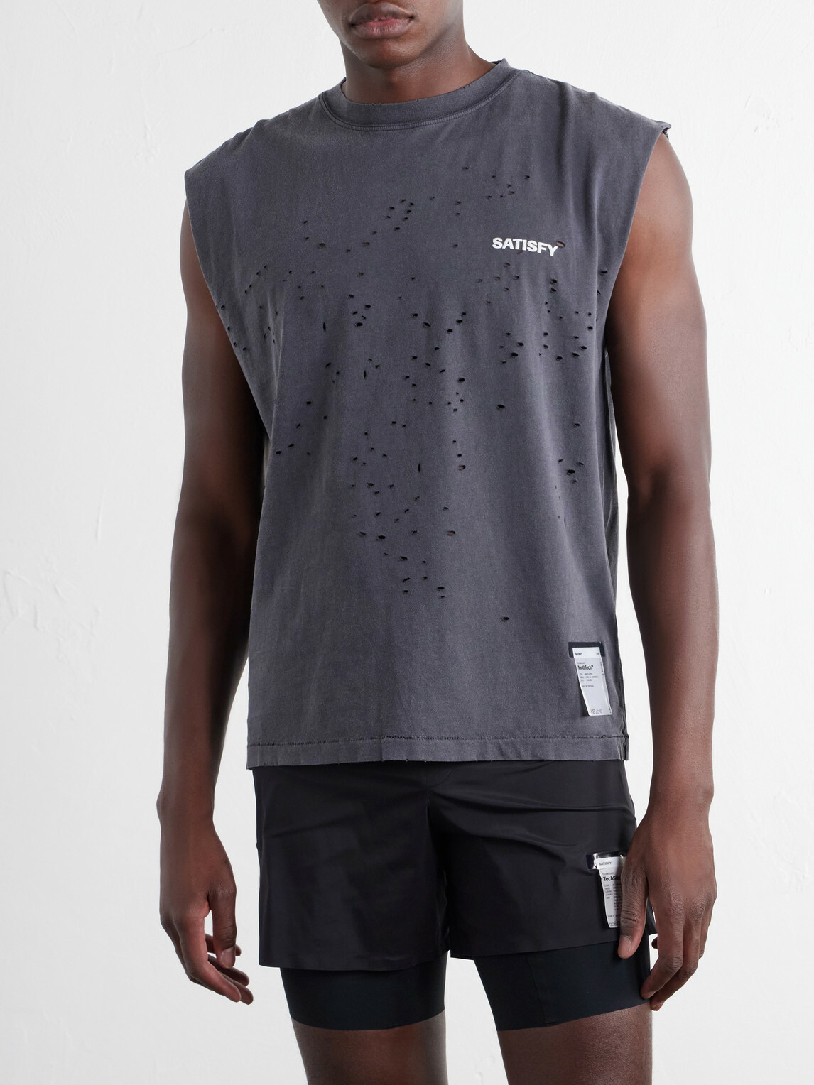 Satisfy - Distressed Logo-Print MothTech™ Organic Cotton-Jersey Tank Top - Gray