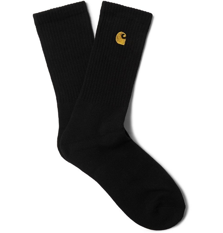 Photo: Carhartt WIP - Chase Logo-Embroidered Ribbed Stretch Cotton-Blend Socks - Black
