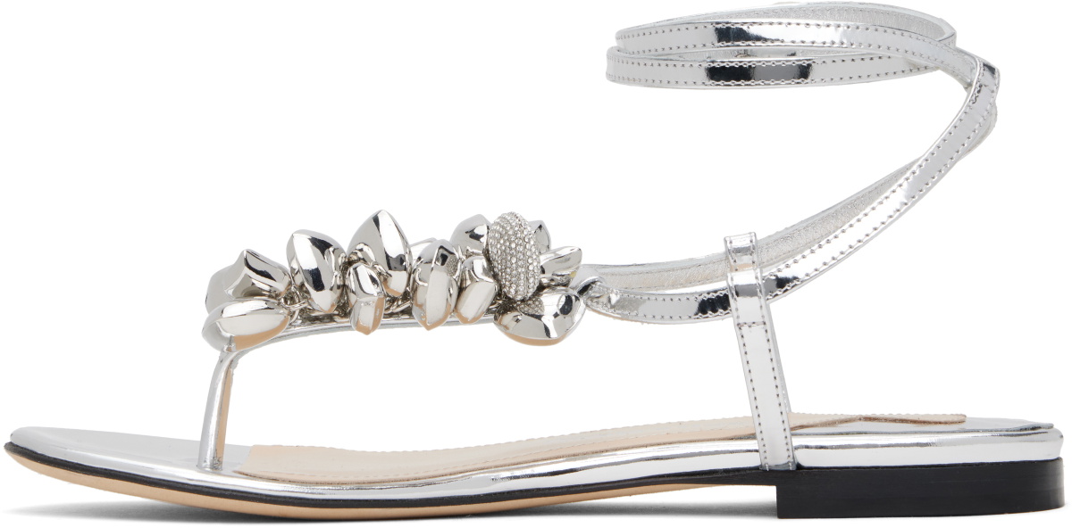 MACH & MACH Silver Puffy Heart Mirror Leather Thong Sandals