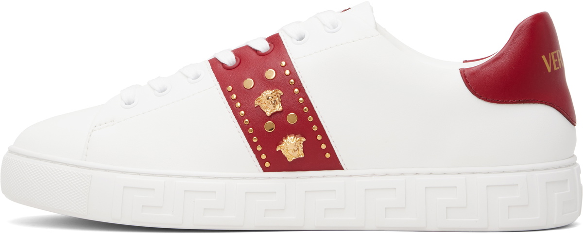 Versace White & Red Greca Embellished Faux-Leather Sneakers