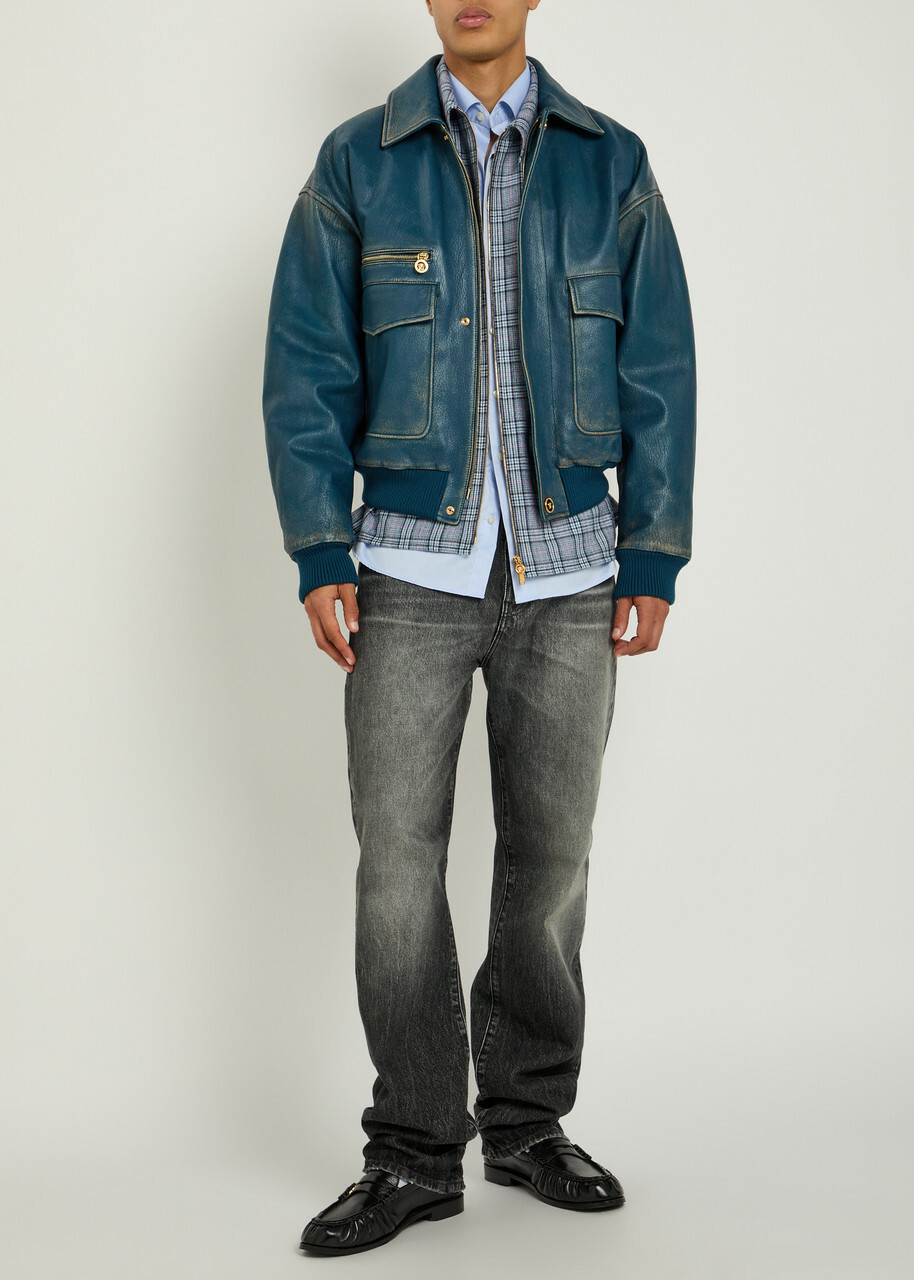 Versace Logo-embossed Distressed Leather Jacket Blue