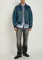 Versace Logo-embossed Distressed Leather Jacket Blue