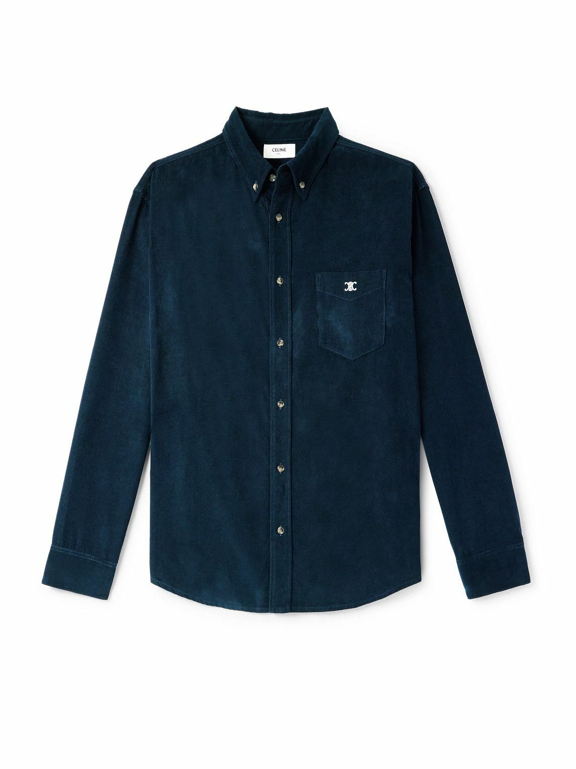 CELINE - Button-Down Collar Logo-Embroidered Cotton-Corduroy Shirt - Blue