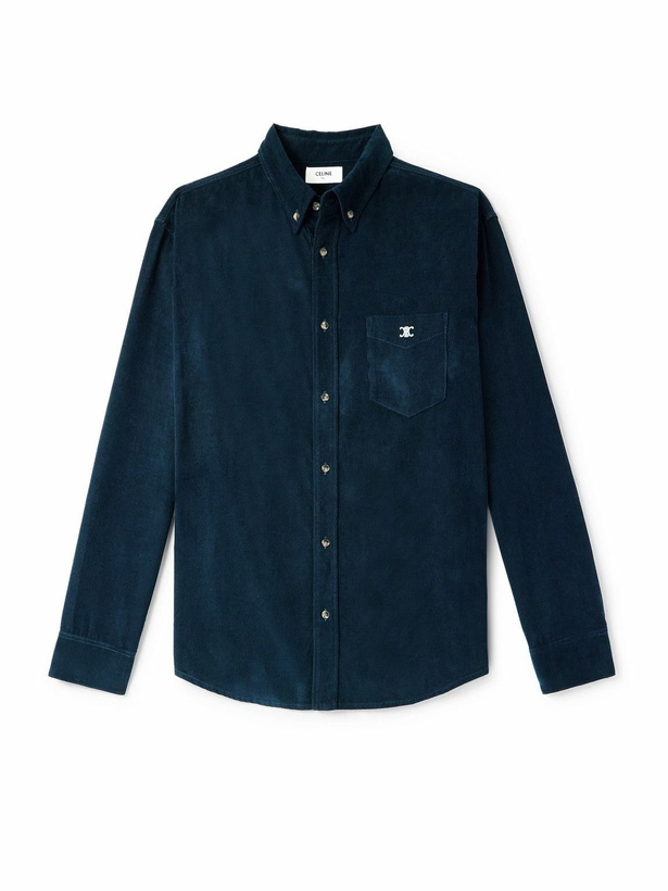 Photo: CELINE - Button-Down Collar Logo-Embroidered Cotton-Corduroy Shirt - Blue