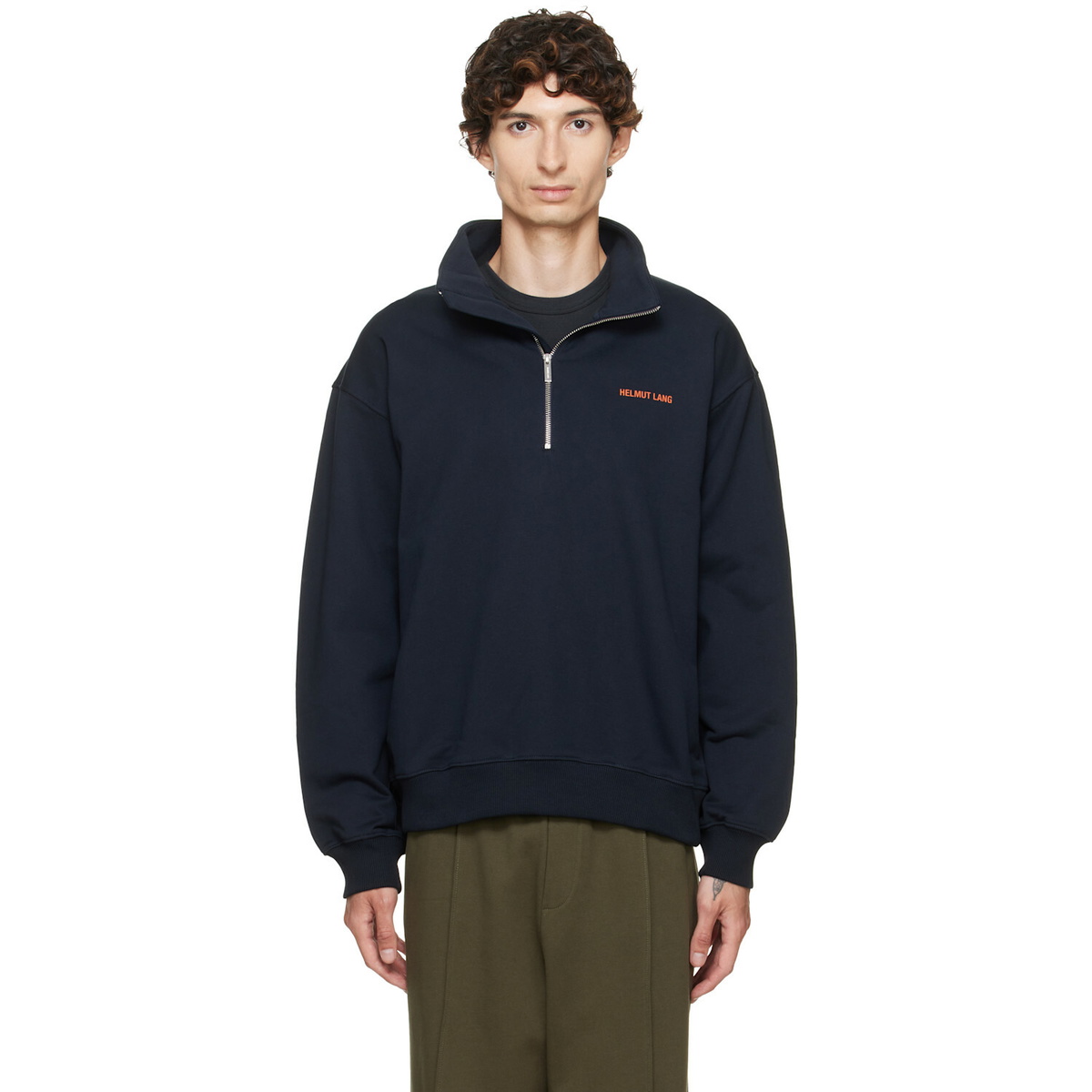 Helmut Lang Navy Logo Quarter Zip Sweatshirt