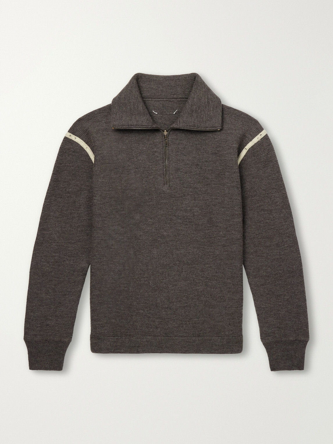Maison Margiela - Distressed Denim-Trimmed Wool Half-Zip Sweater - Brown