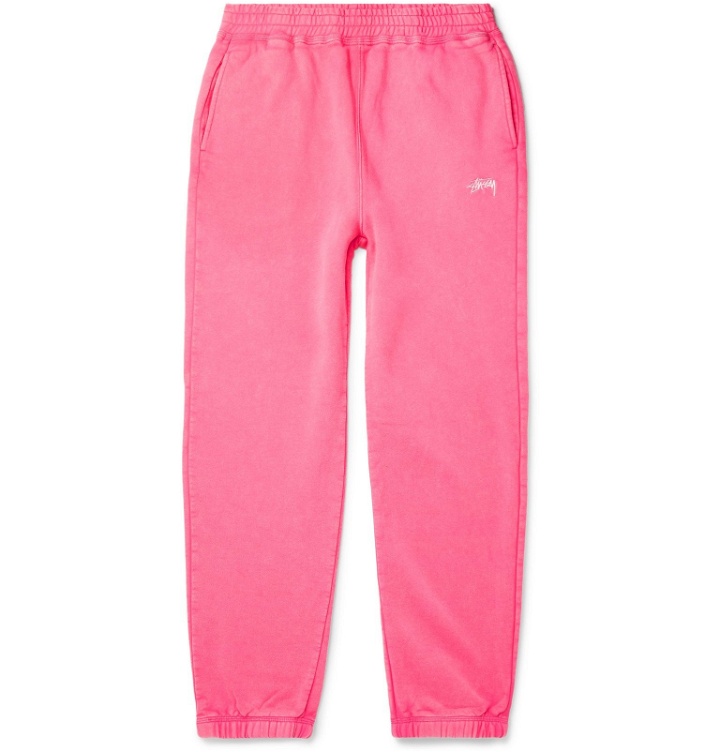 Photo: Stüssy - Logo-Embroidered Fleece-Back Cotton-Jersey Sweatpants - Pink