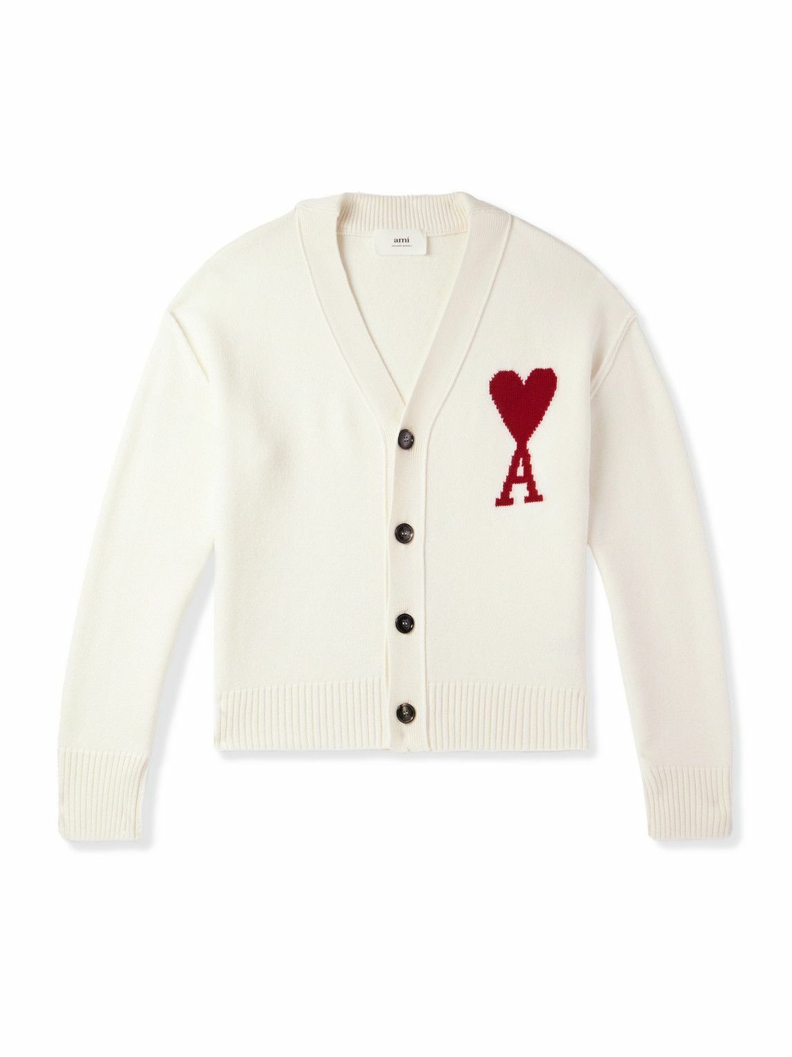 AMI PARIS - Logo-Intarsia Merino Wool Cardigan - Neutrals